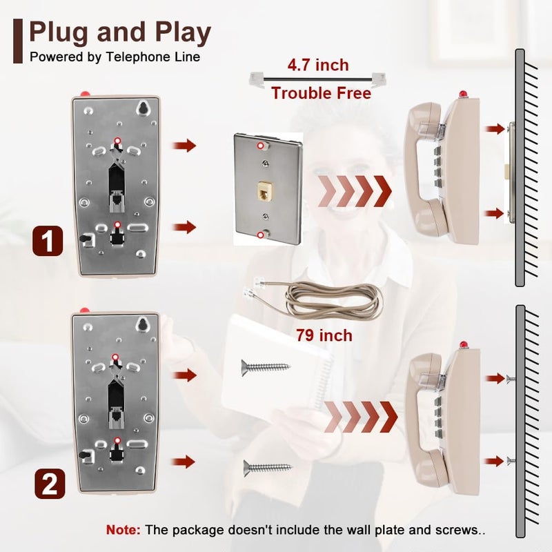HTMengt Traditional Wall Phone Metal Bell,Classic 2554 Wall Telephone (Hearing Aid Compatible),Retro Wall Phone for Landline Visible Ringing Indicator, Old Wall Mount Telephone for Kitchen,Home,Beige - Image 5